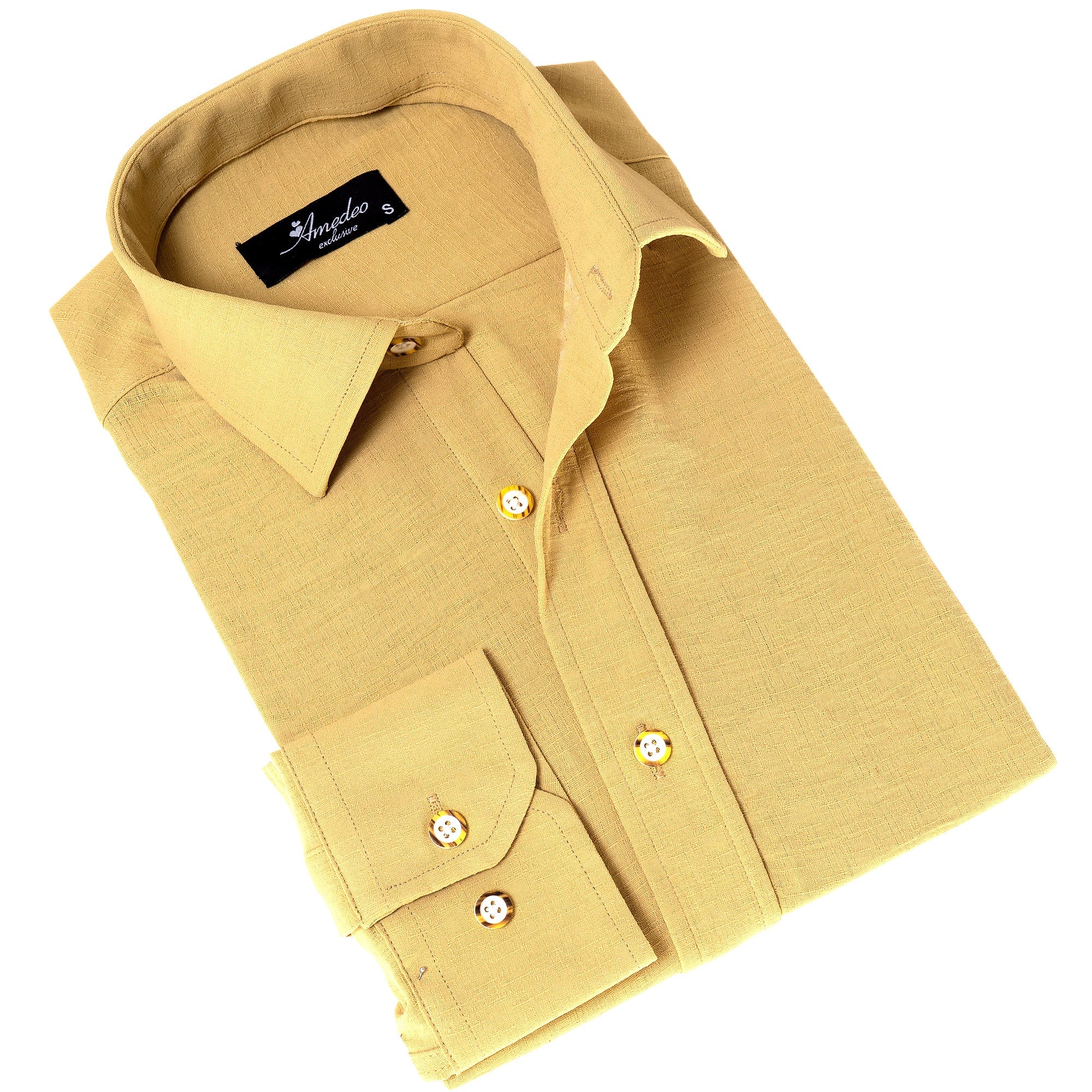 Mustard Colored Luxury Men's Tailor Fit Button Up European Made Linen