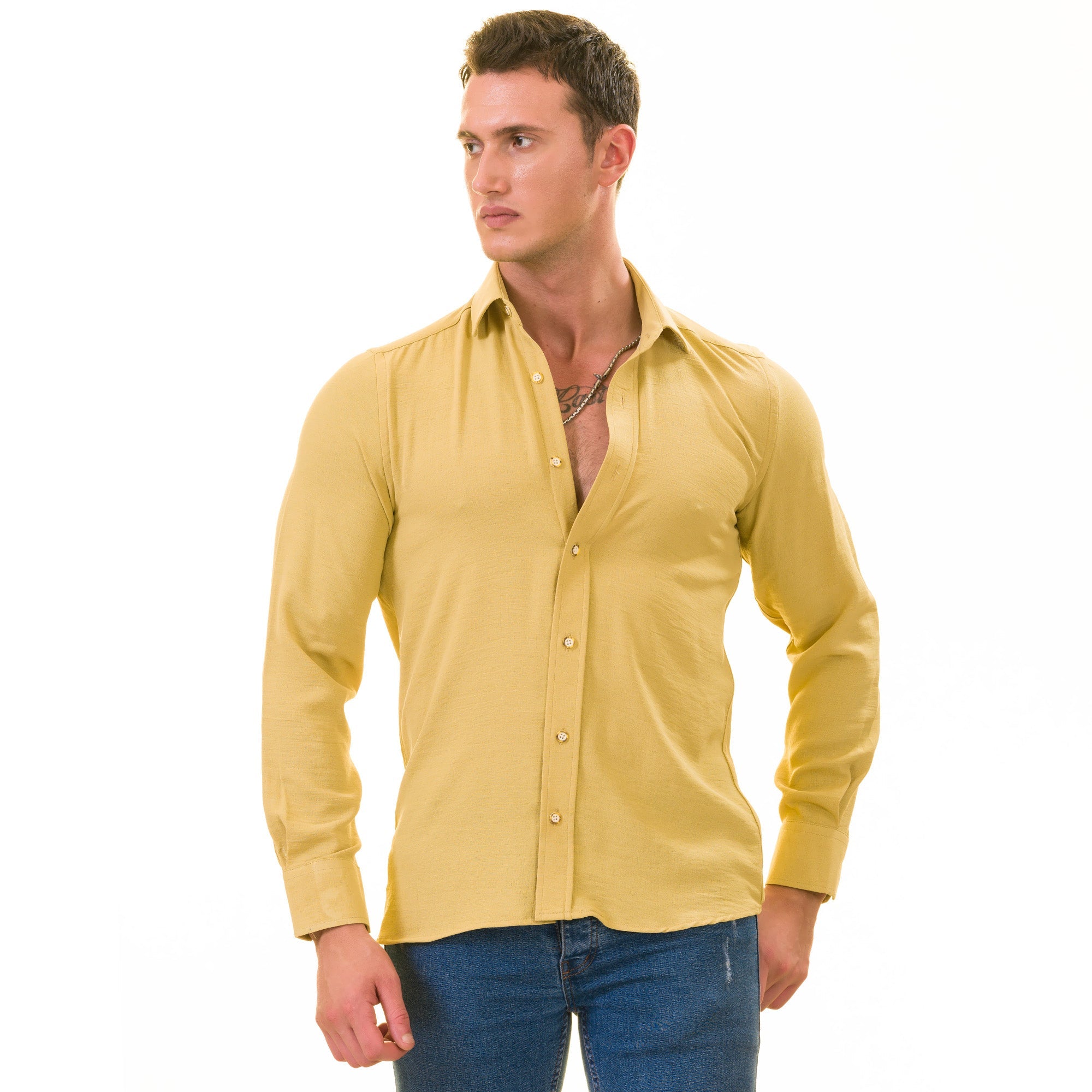 Mustard Colored Luxury Men's Tailor Fit Button Up European Made Linen