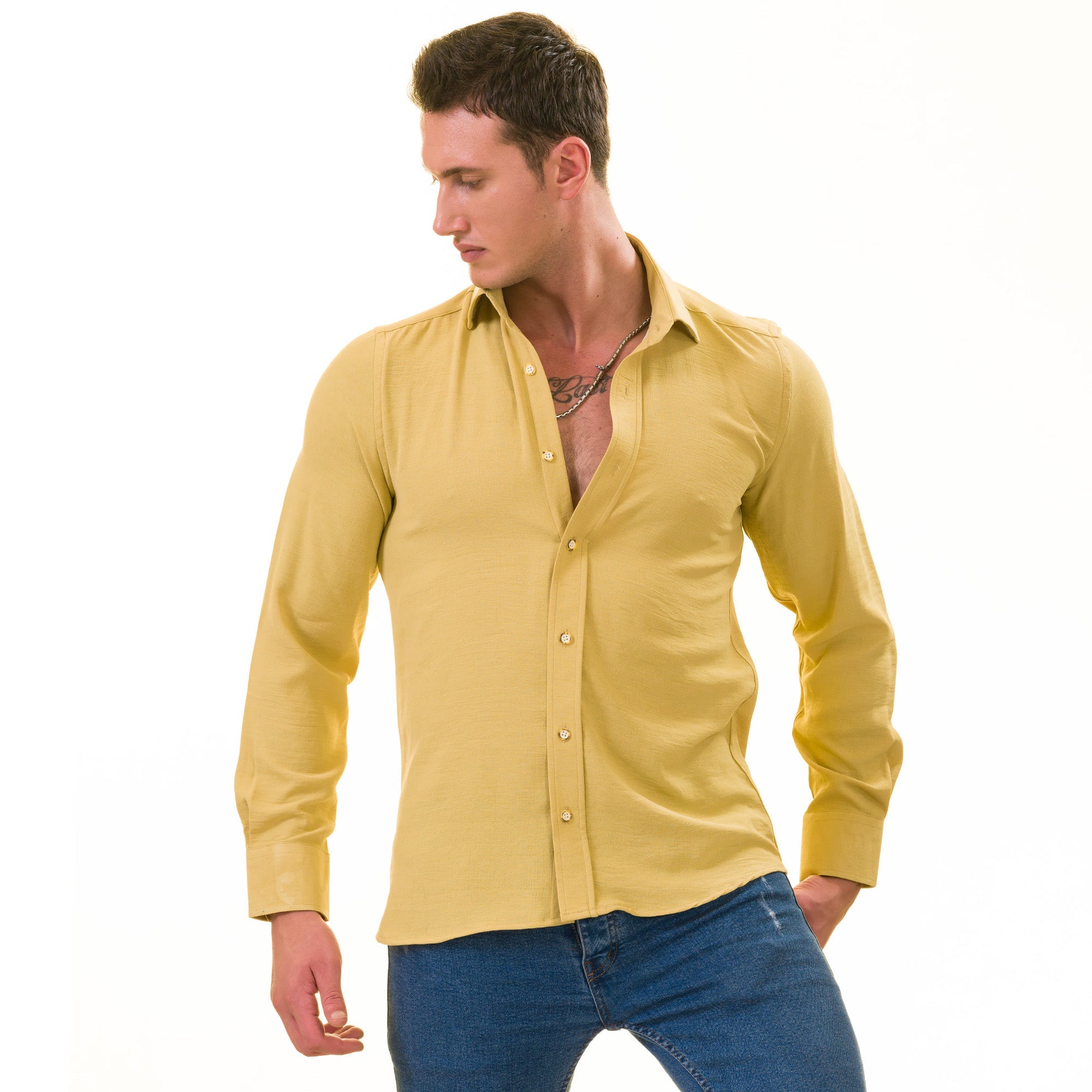 Mustard Colored Luxury Men's Tailor Fit Button Up European Made Linen