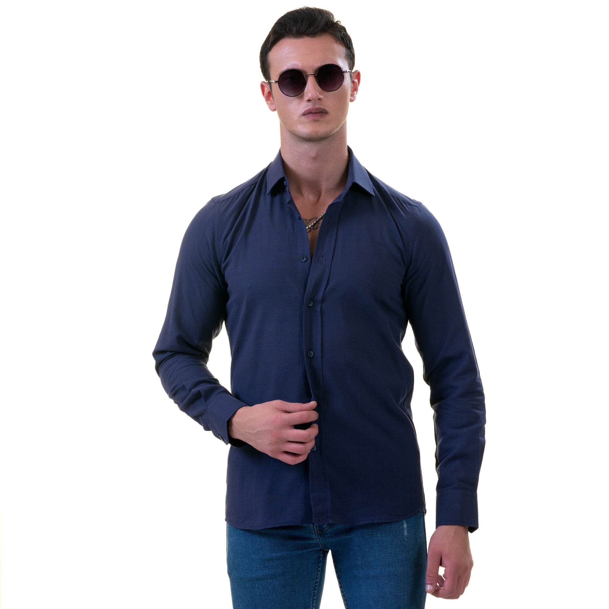 Dark Blue Luxury Men's Tailor Fit Button Up European Made Linen Shirts