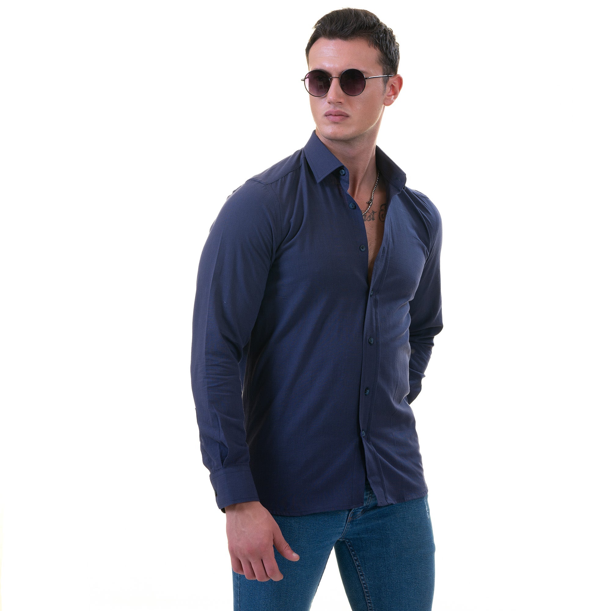 Dark Blue Luxury Men's Tailor Fit Button Up European Made Linen Shirts