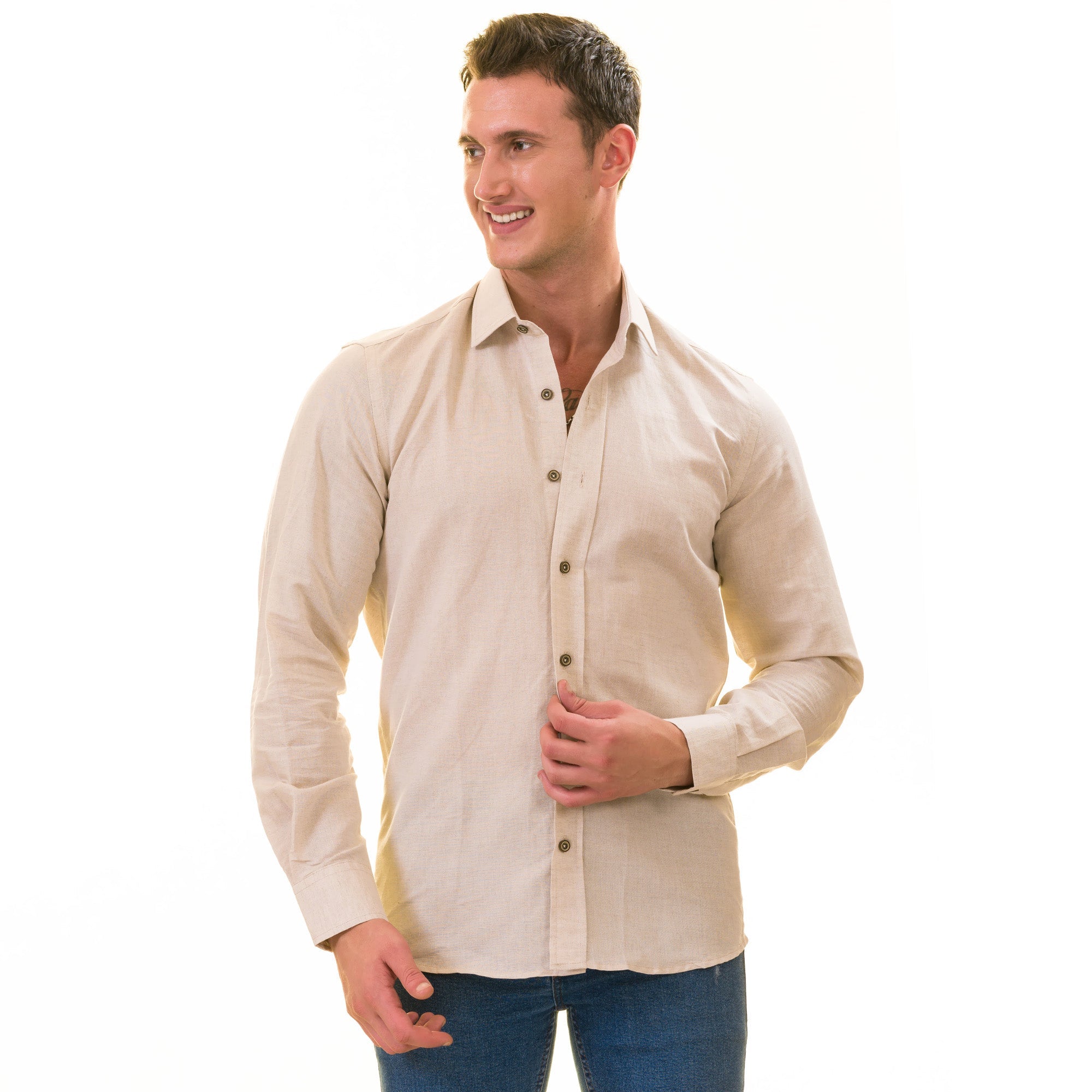 Beige Luxury Men's Tailor Fit Button Up European Made Linen Shirts