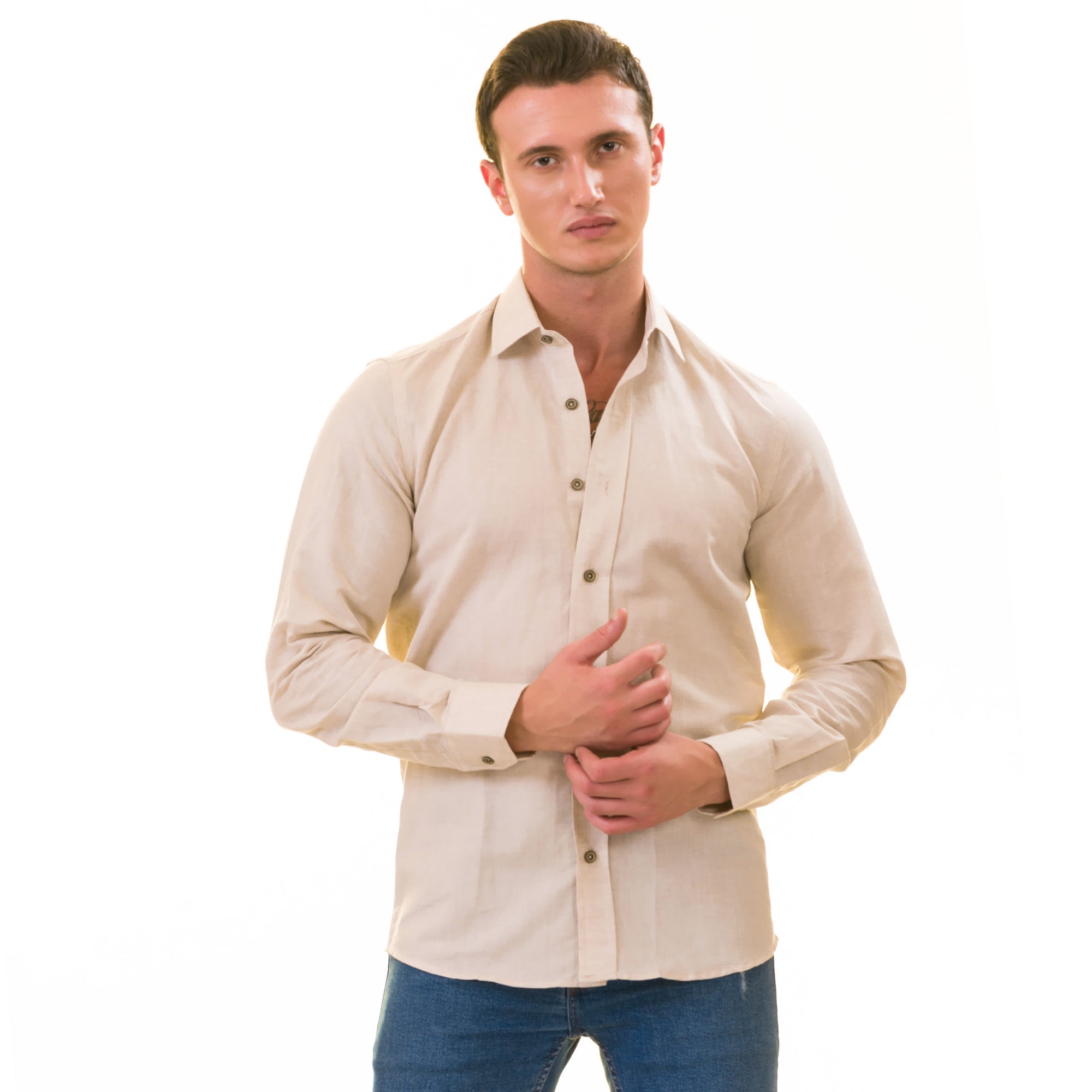 Beige Luxury Men's Tailor Fit Button Up European Made Linen Shirts