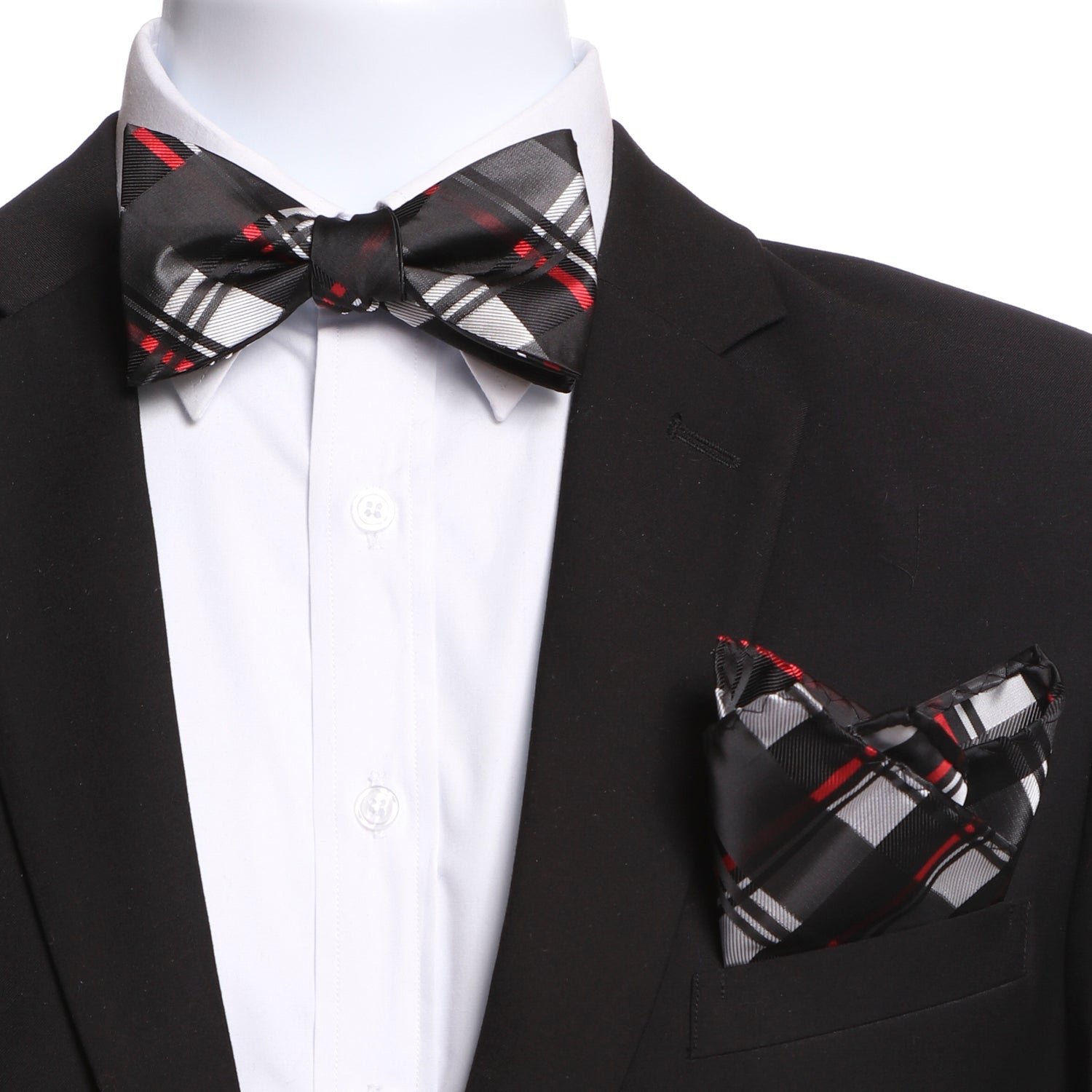 Men's Black And Silver Plaid Jacquard Woven Italian Silk Self Bow Tie