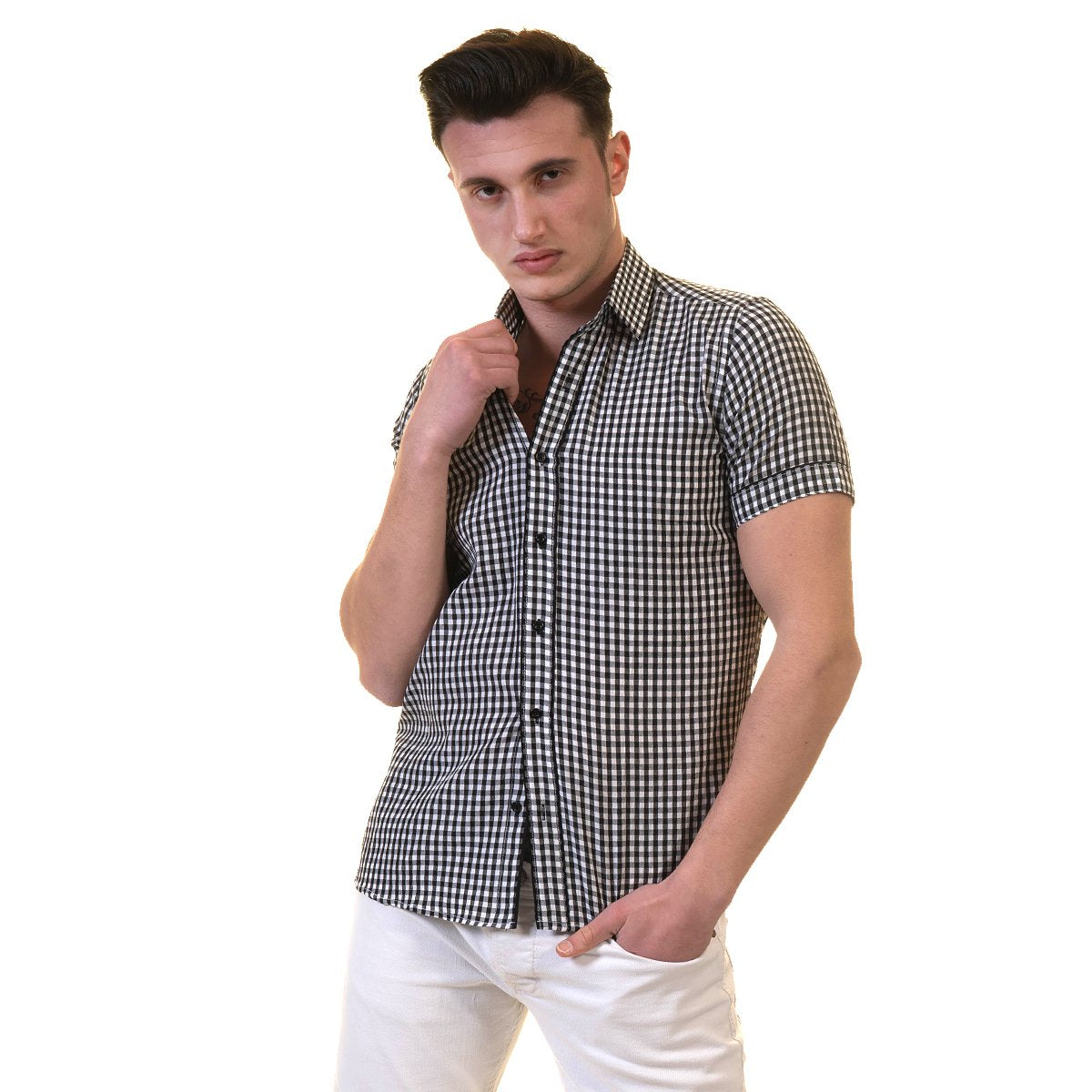 Black and White Mens Short Sleeve Button up Shirts - Tailored Slim Fit