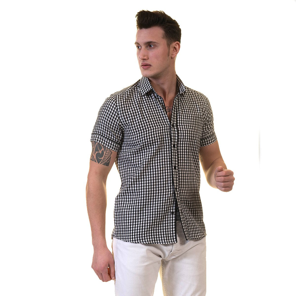 Black and White Mens Short Sleeve Button up Shirts - Tailored Slim Fit