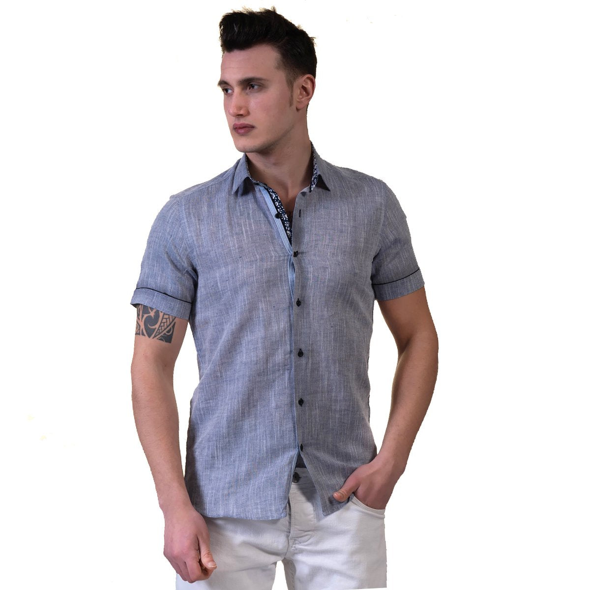 Mens Short Sleeve Button up Shirts - Tailored Slim Fit Cotton Dress