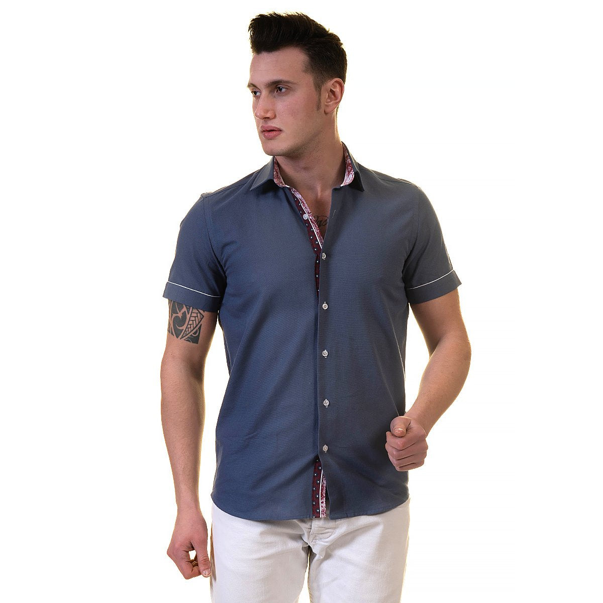 Dark Blue Mens Short Sleeve Button up Shirts - Tailored Slim Fit