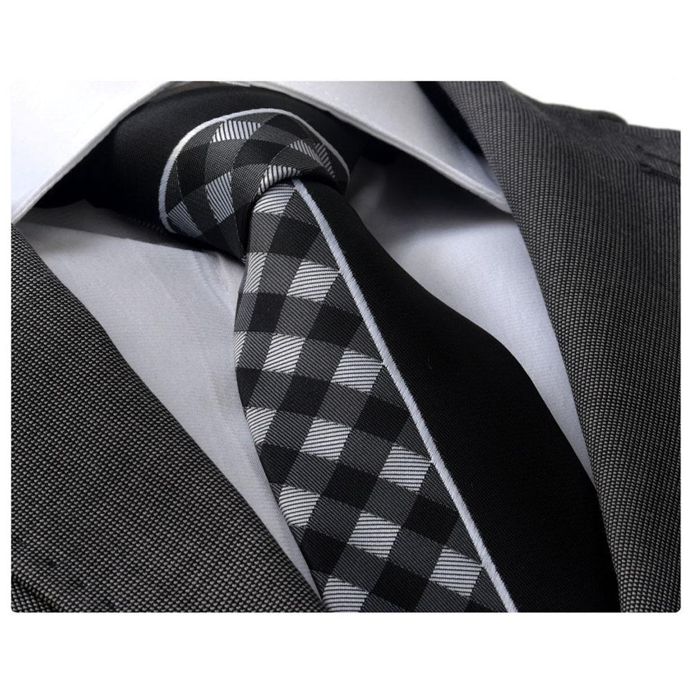 Men's Fashion Gray White Plaid half Black Neck Tie Gift box