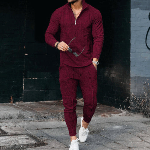 Men's Textured Casual Half Zipper Stand Collar Suits