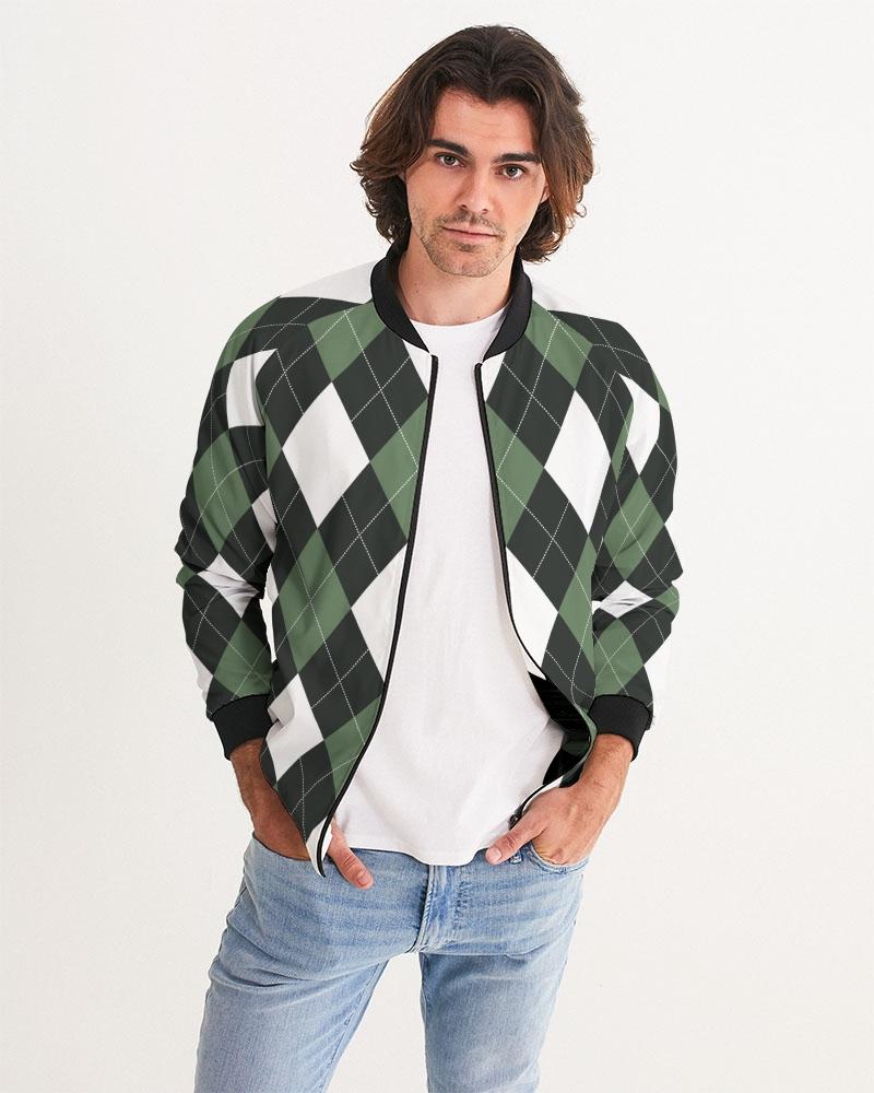 Bomber Jacket For Men, Green And White Tartan Plaid Pattern