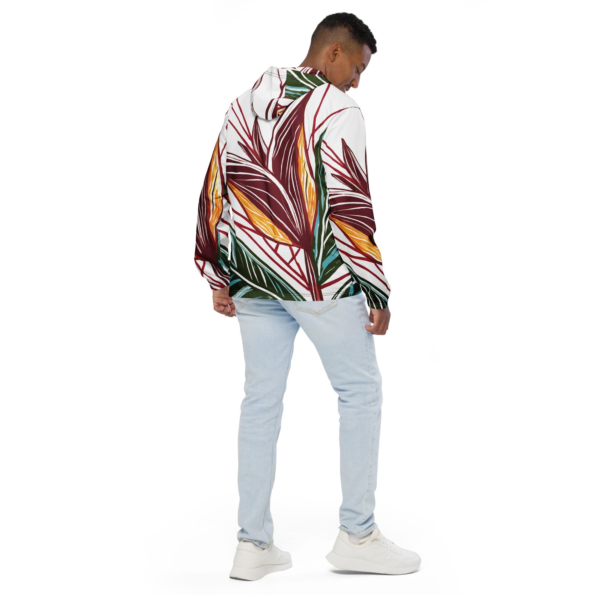 Mens Hooded Windbreaker Jacket, Floral Line Art Print 8330