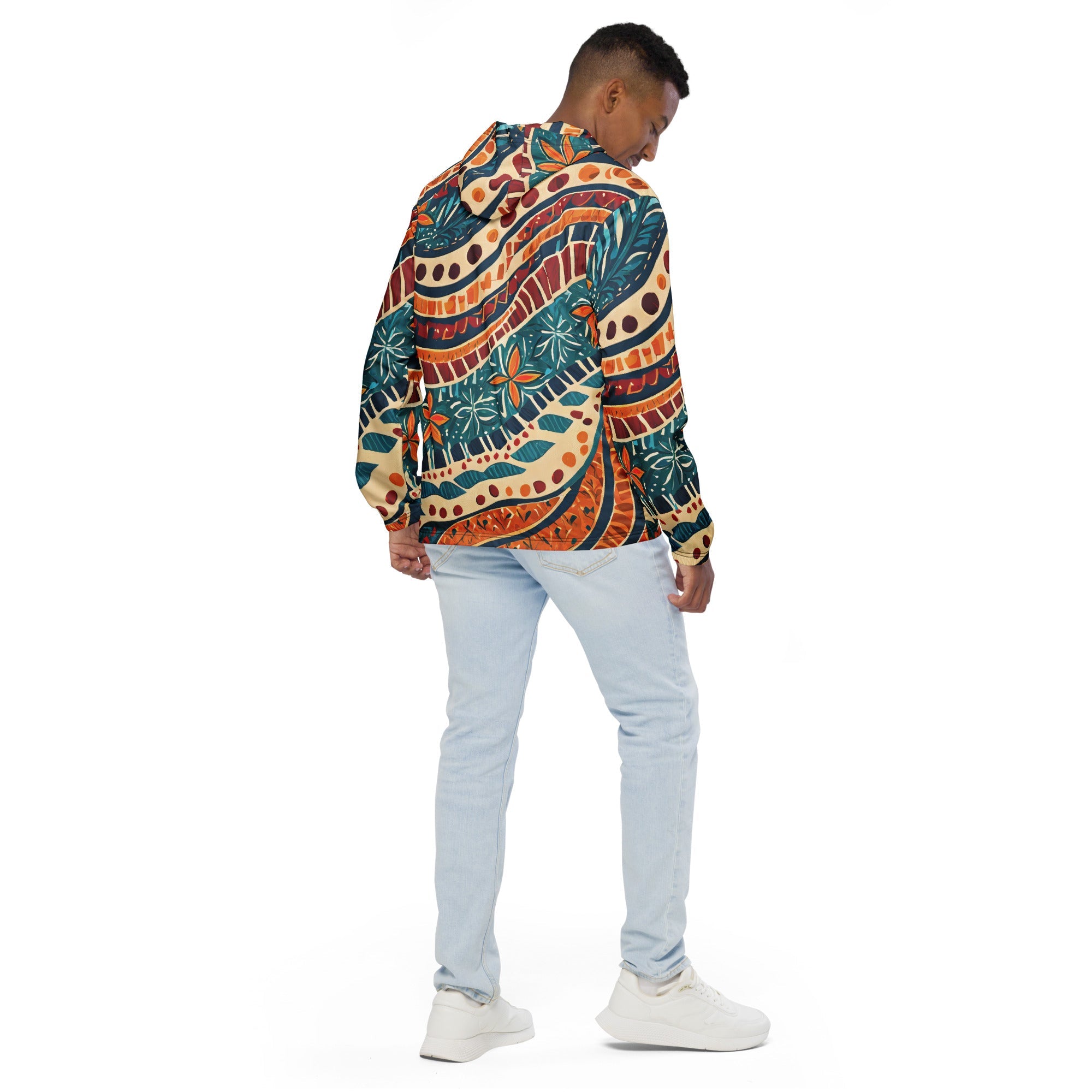 Mens Hooded Windbreaker Jacket, Tropical Floral Pattern 61374