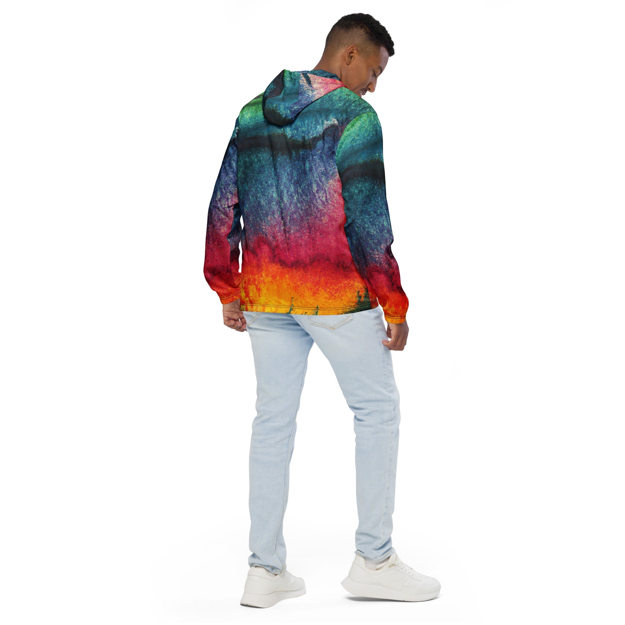 Mens Hooded Windbreaker Jacket, Multicolor Abstract Pattern