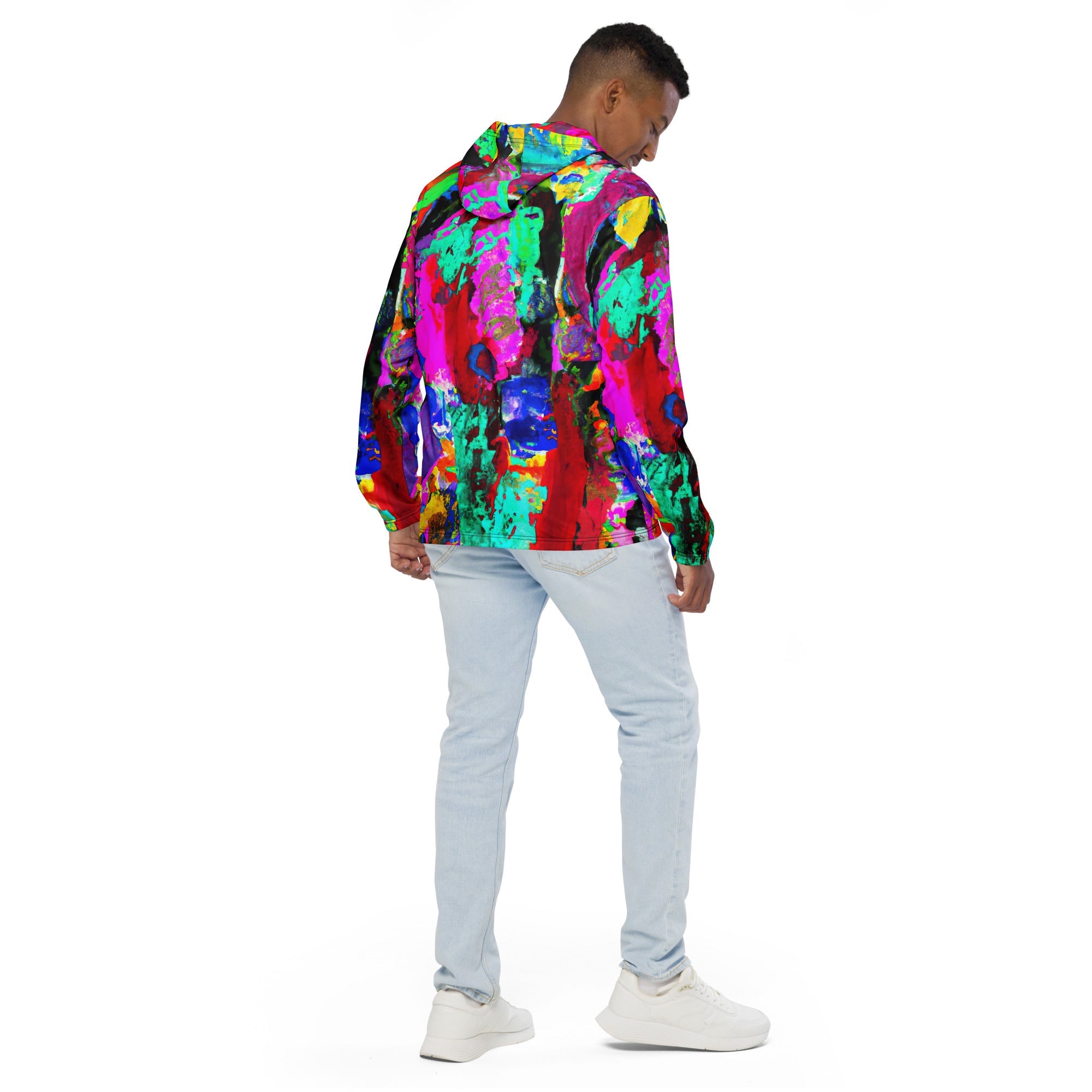 Mens Hooded Windbreaker Jacket, Multicolor Abstract Pattern 2