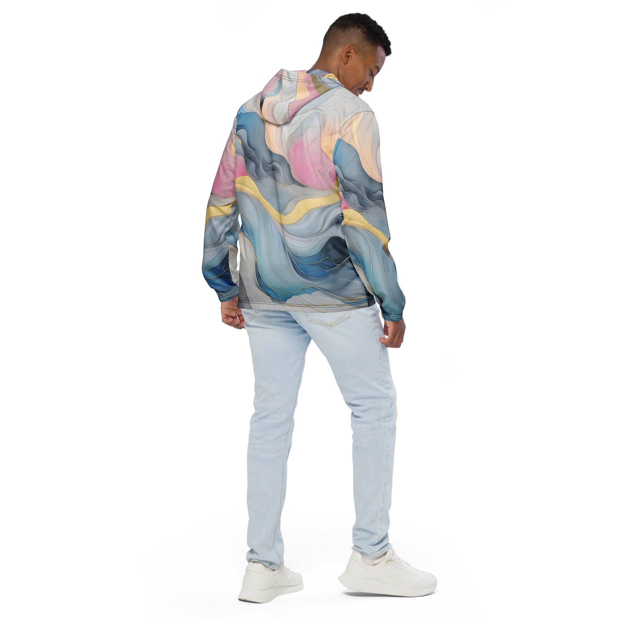 Mens Hooded Windbreaker Jacket, Marble Cloud Of Grey Pink Blue 72067