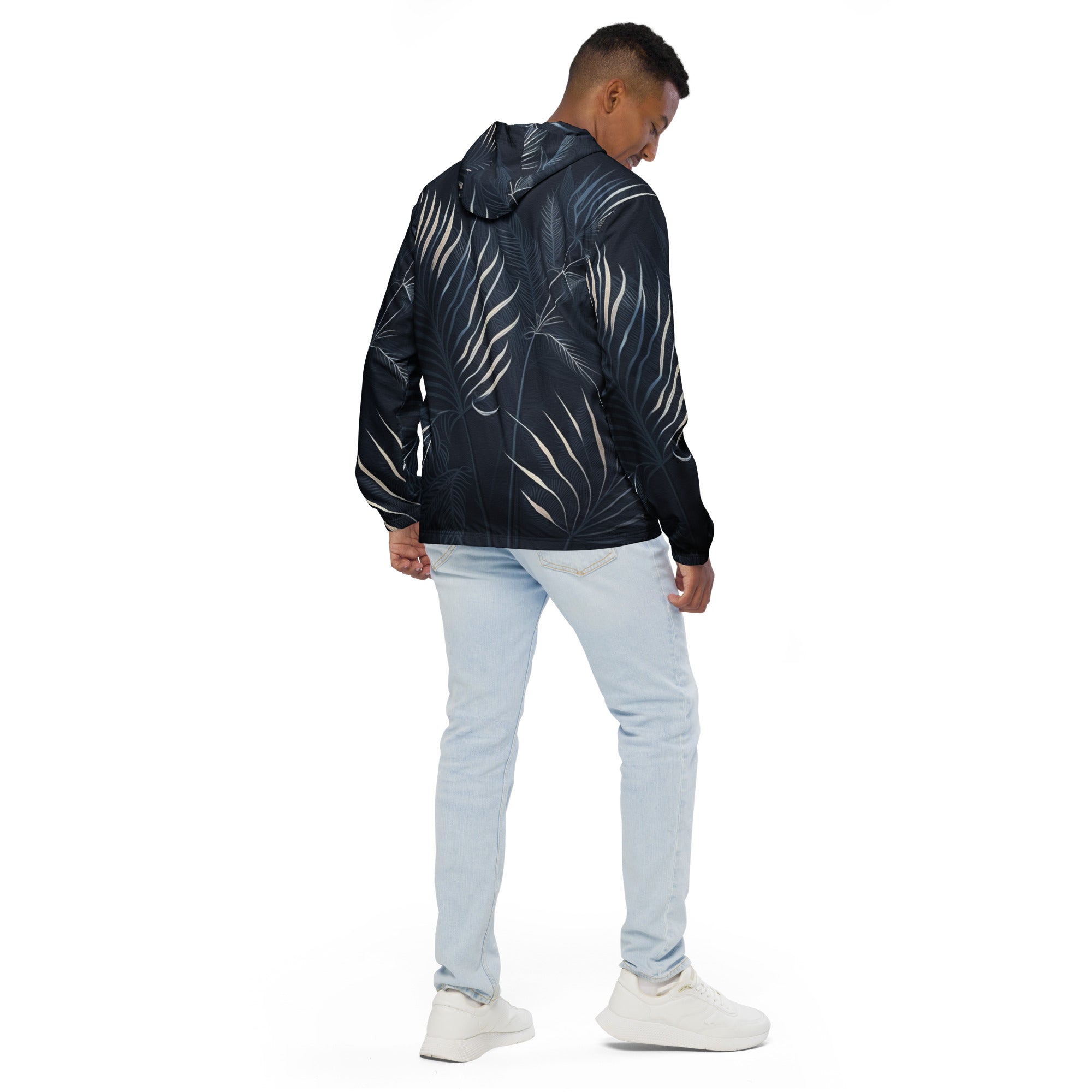 Mens Hooded Windbreaker Jacket, Blue White Palm Leaves