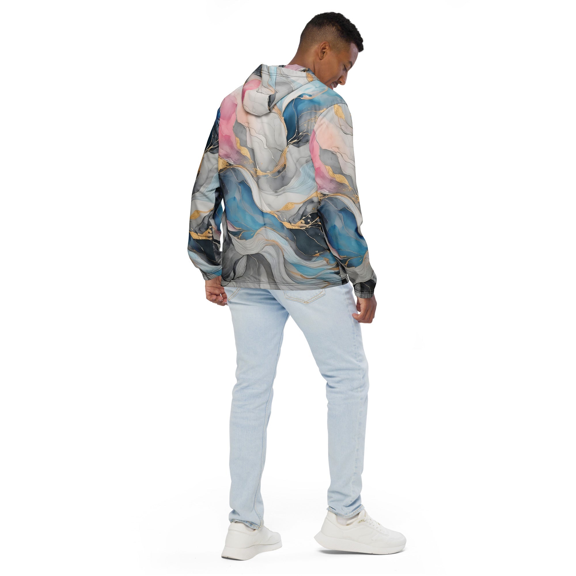 Mens Hooded Windbreaker Jacket, Marble Cloud Of Grey Pink Blue 63389