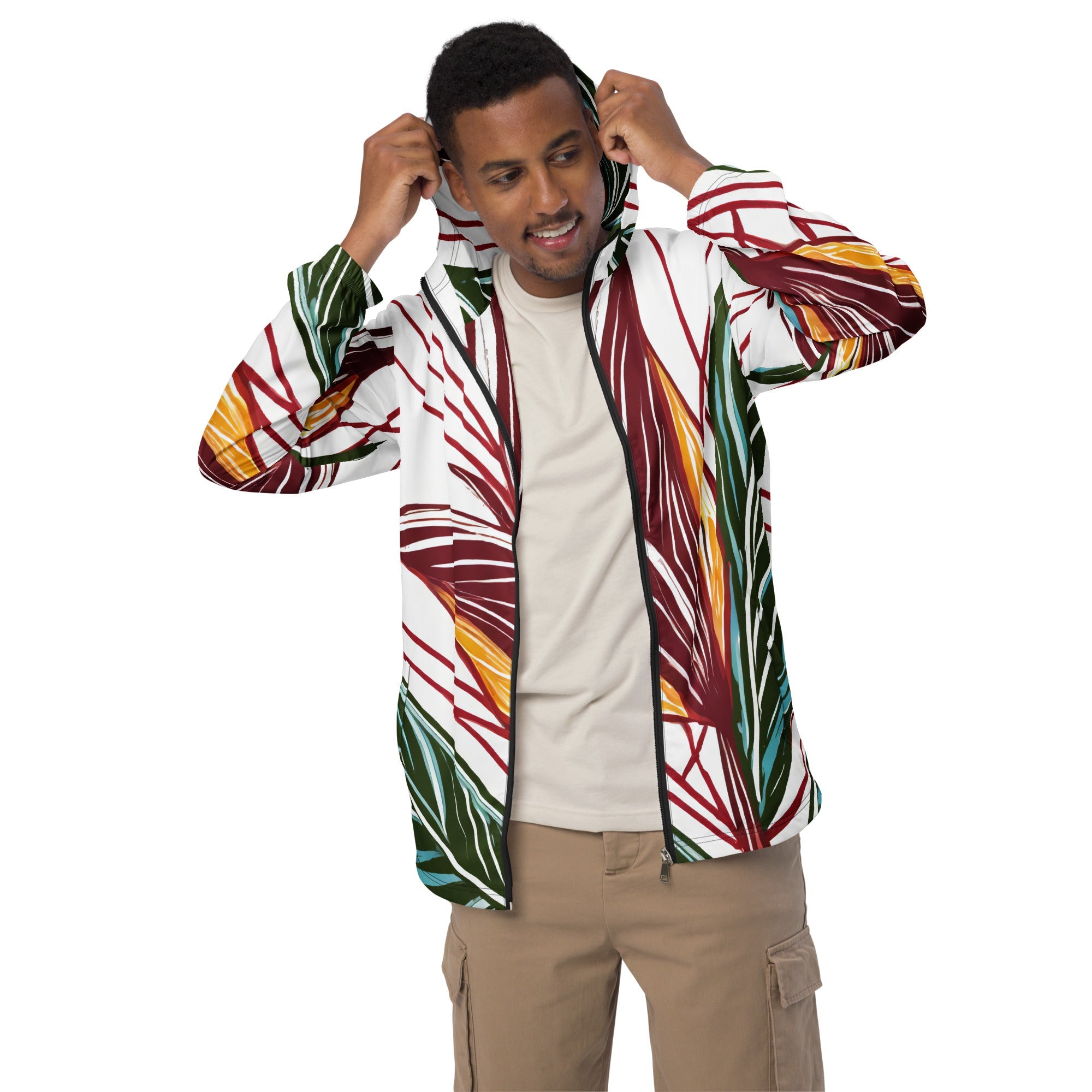 Mens Hooded Windbreaker Jacket, Floral Line Art Print 8330