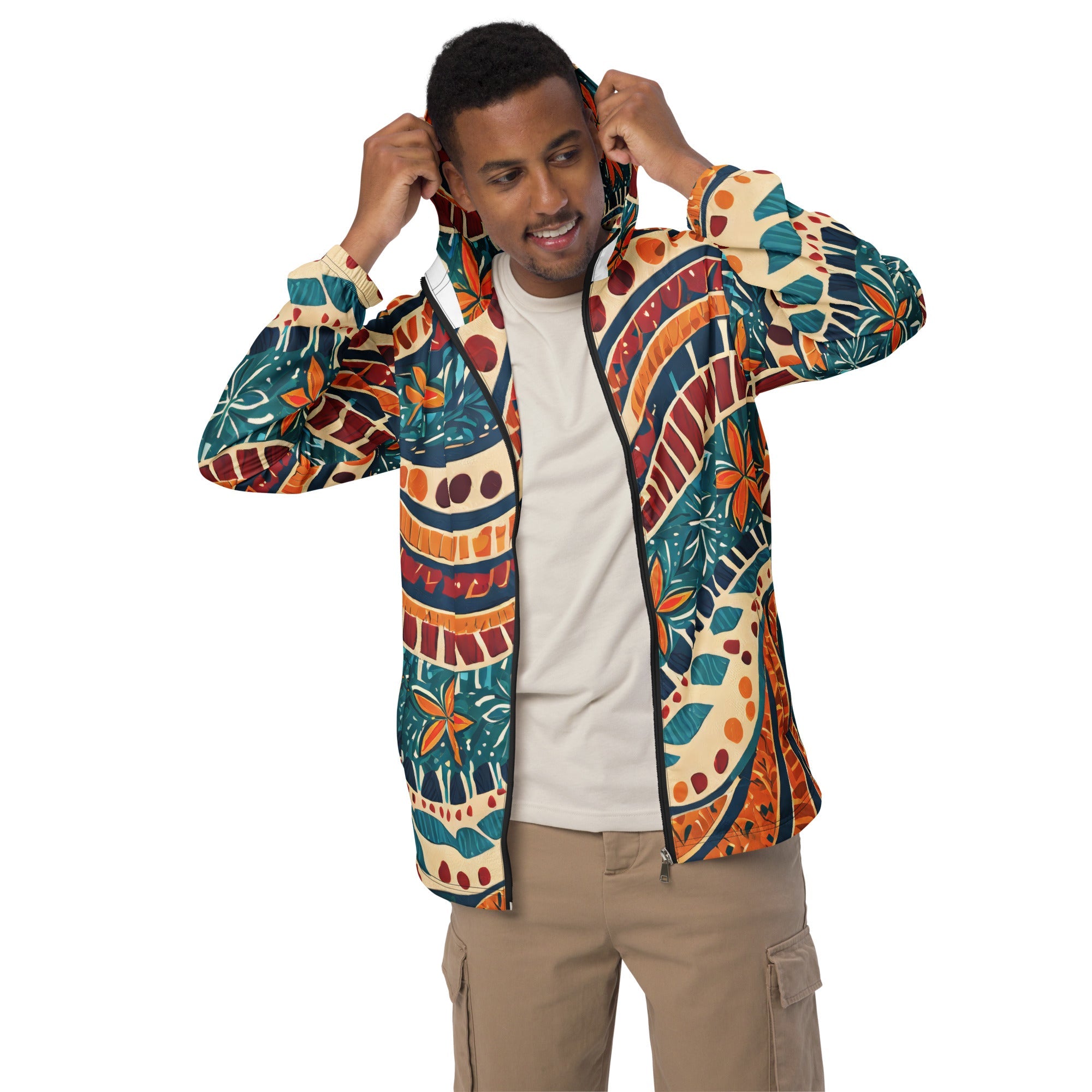 Mens Hooded Windbreaker Jacket, Tropical Floral Pattern 61374