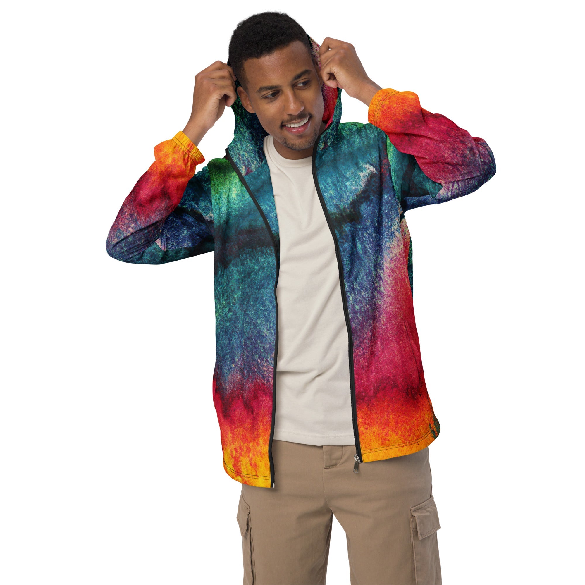 Mens Hooded Windbreaker Jacket, Multicolor Abstract Pattern