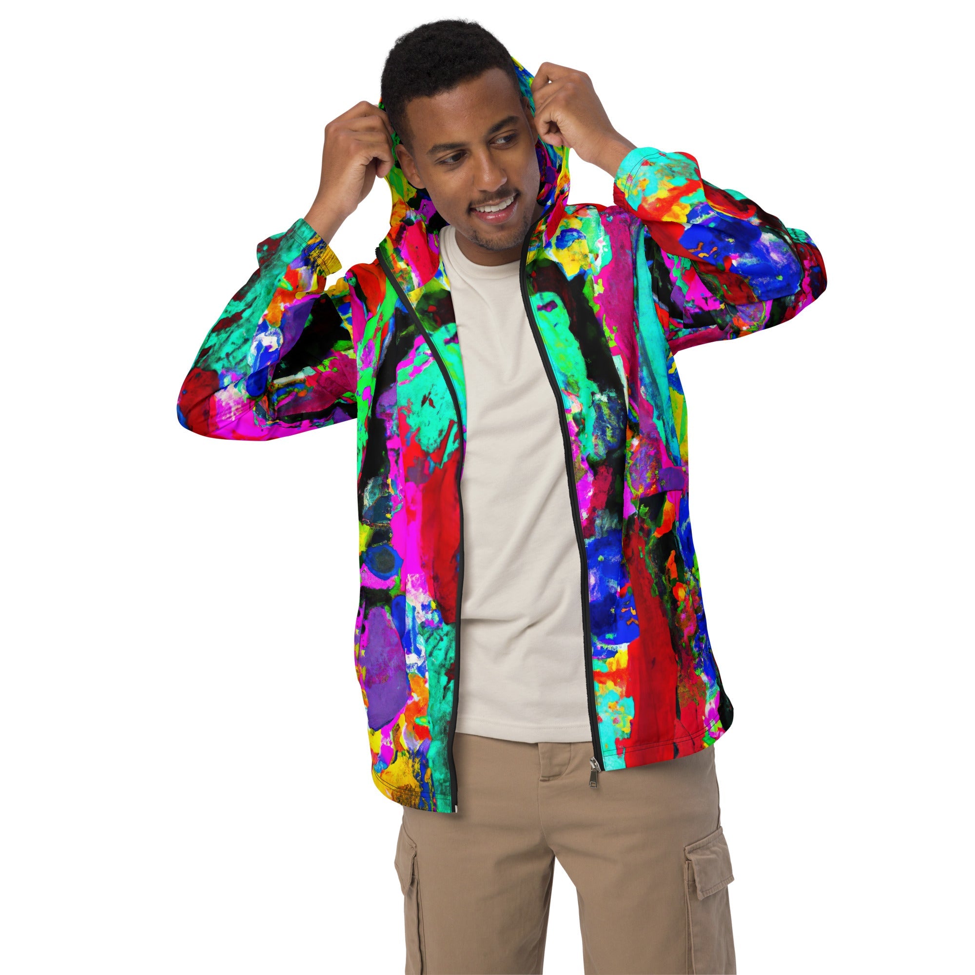 Mens Hooded Windbreaker Jacket, Multicolor Abstract Pattern 2