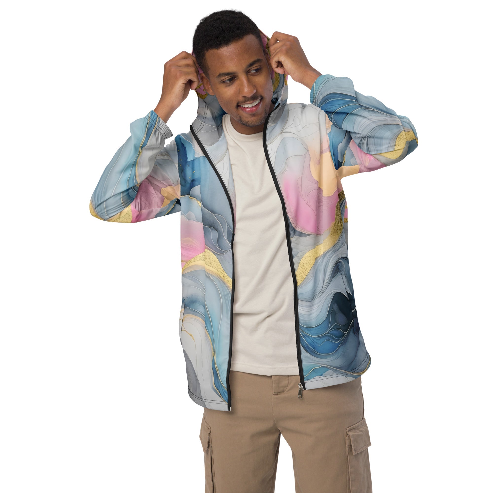 Mens Hooded Windbreaker Jacket, Marble Cloud Of Grey Pink Blue 72067