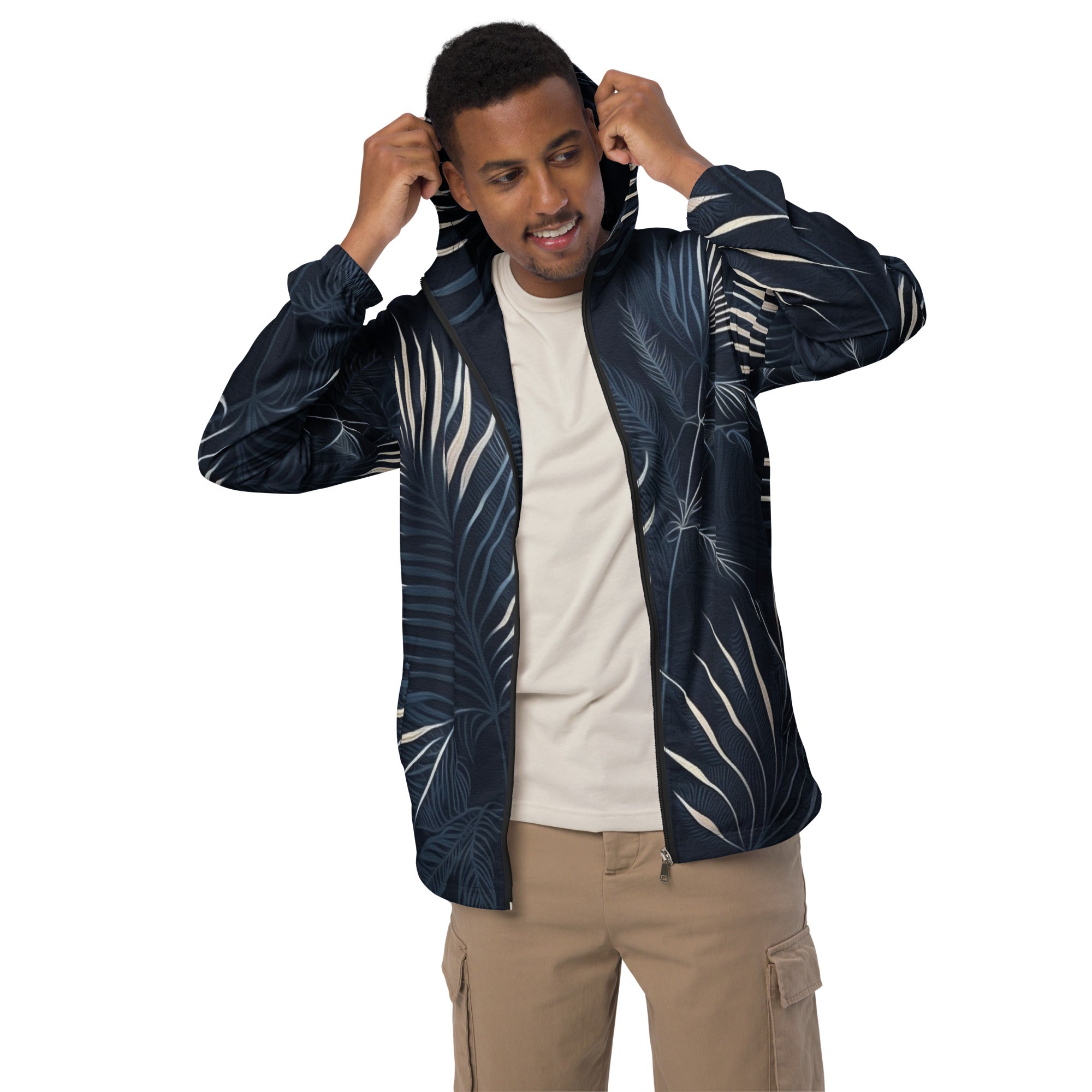 Mens Hooded Windbreaker Jacket, Blue White Palm Leaves