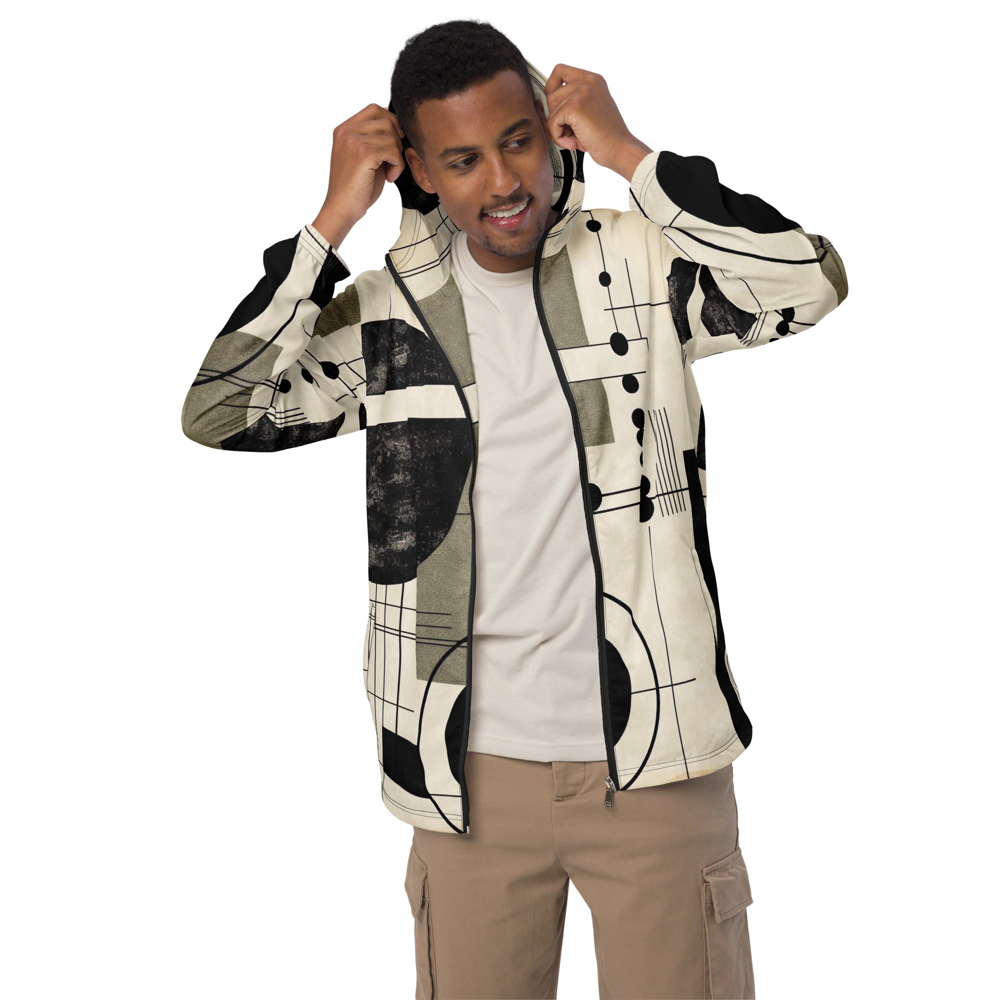 Mens Hooded Windbreaker Jacket, Abstract Black Beige Brown Geometric