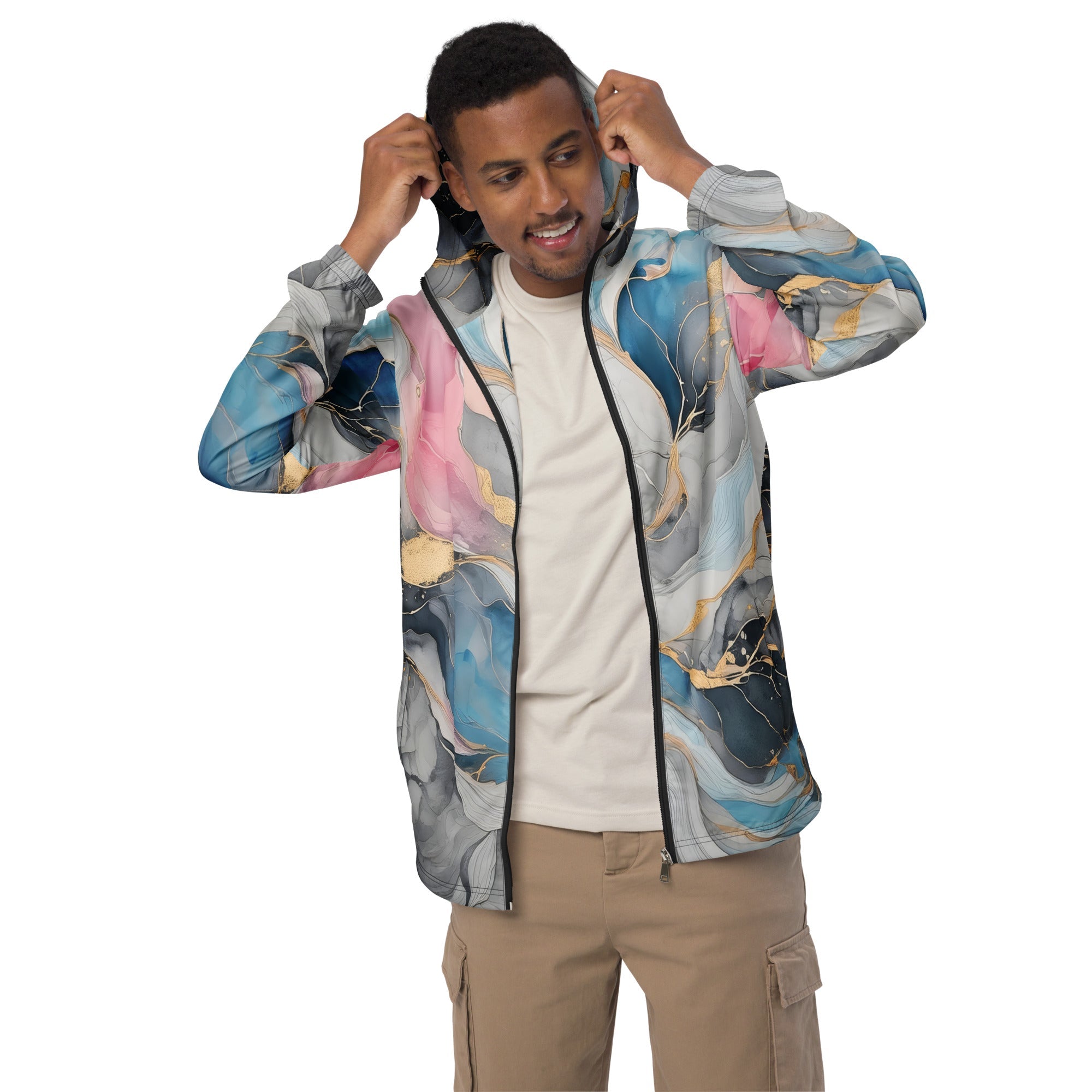 Mens Hooded Windbreaker Jacket, Marble Cloud Of Grey Pink Blue 63389