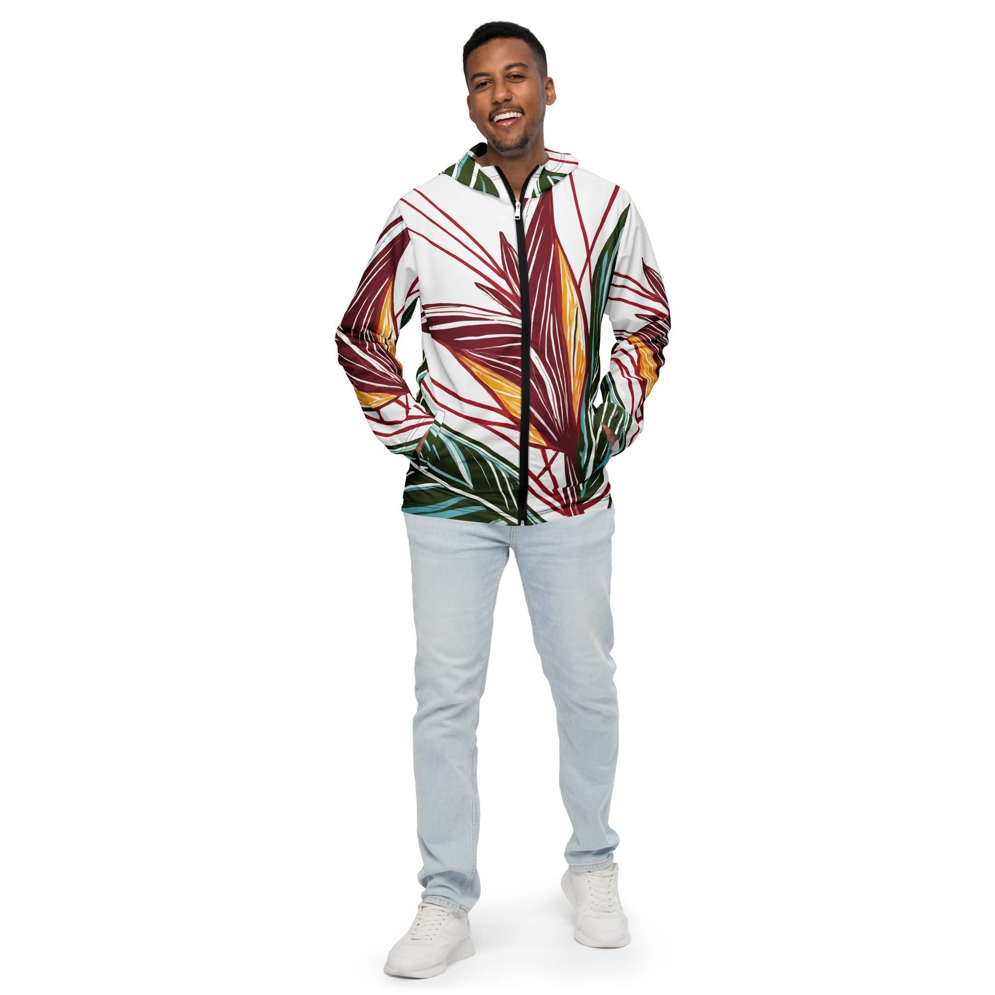 Mens Hooded Windbreaker Jacket, Floral Line Art Print 8330