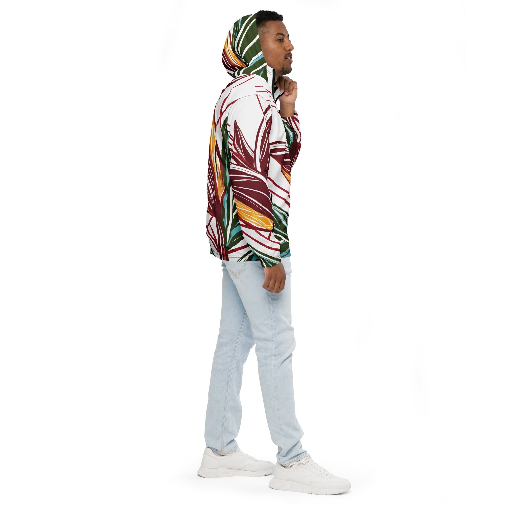 Mens Hooded Windbreaker Jacket, Floral Line Art Print 8330