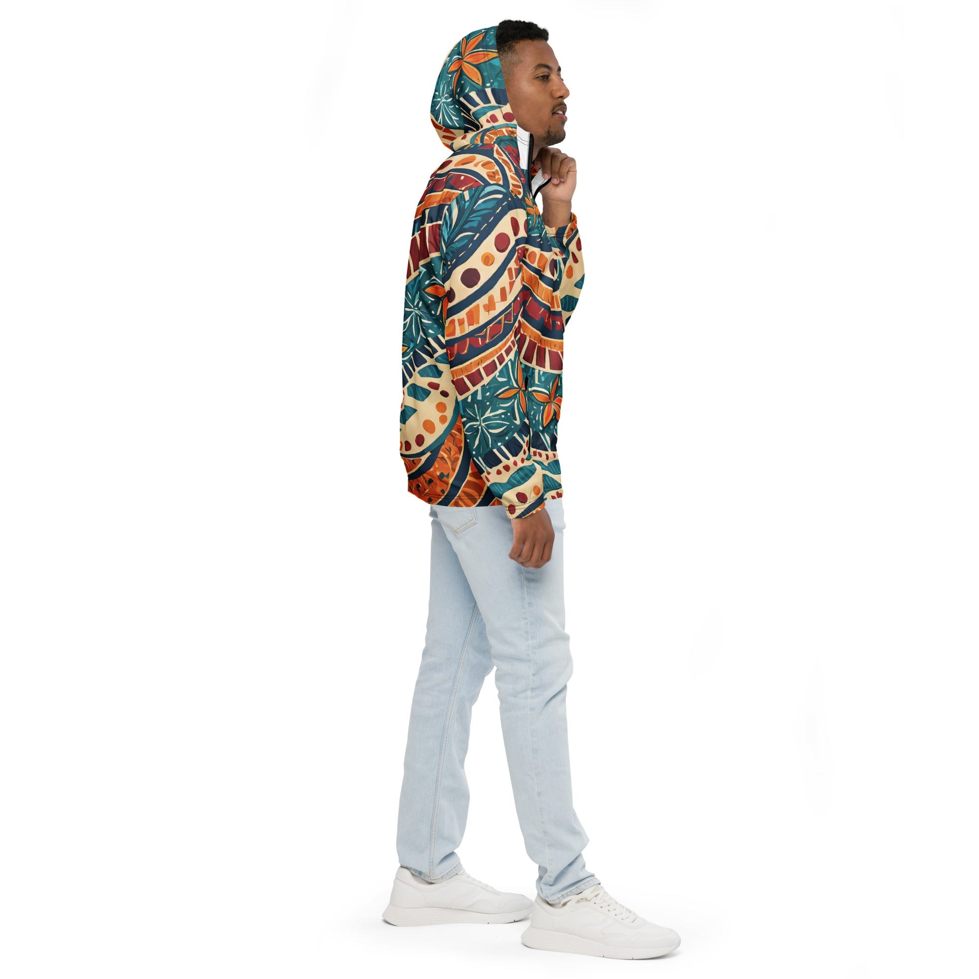 Mens Hooded Windbreaker Jacket, Tropical Floral Pattern 61374