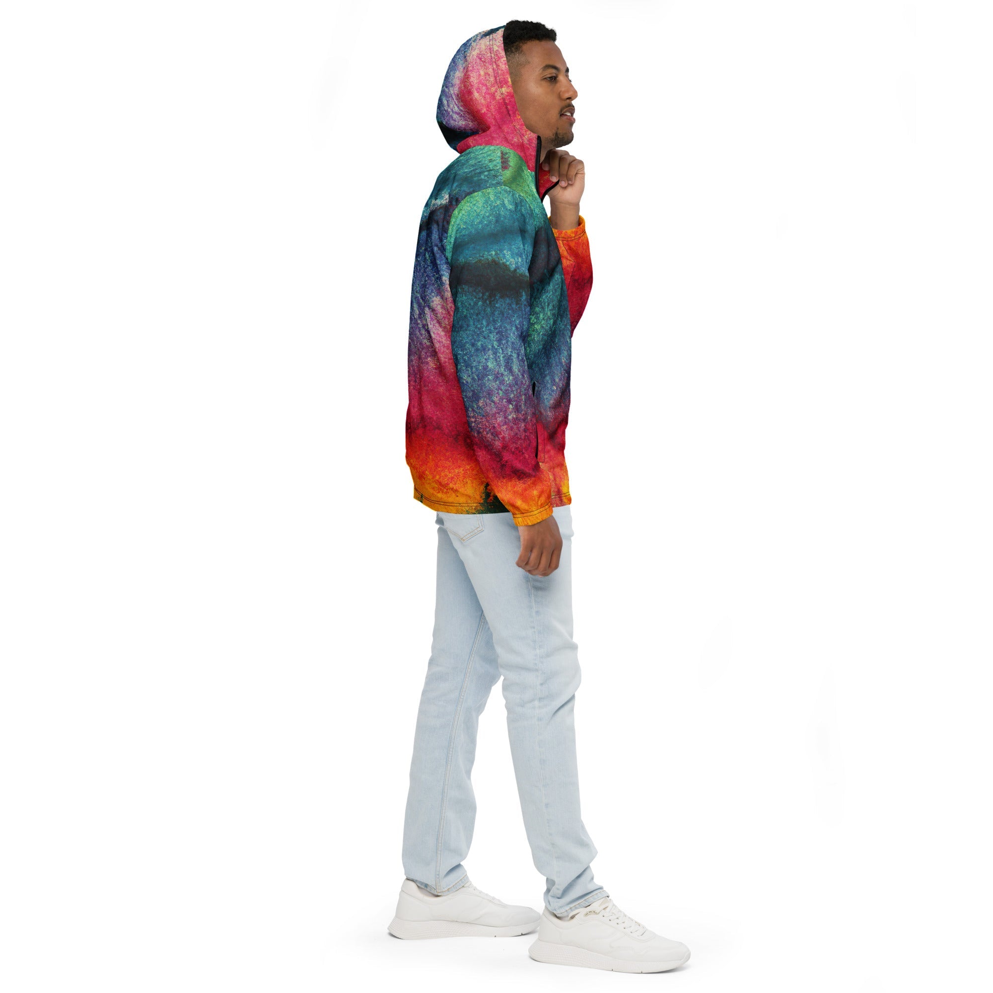 Mens Hooded Windbreaker Jacket, Multicolor Abstract Pattern