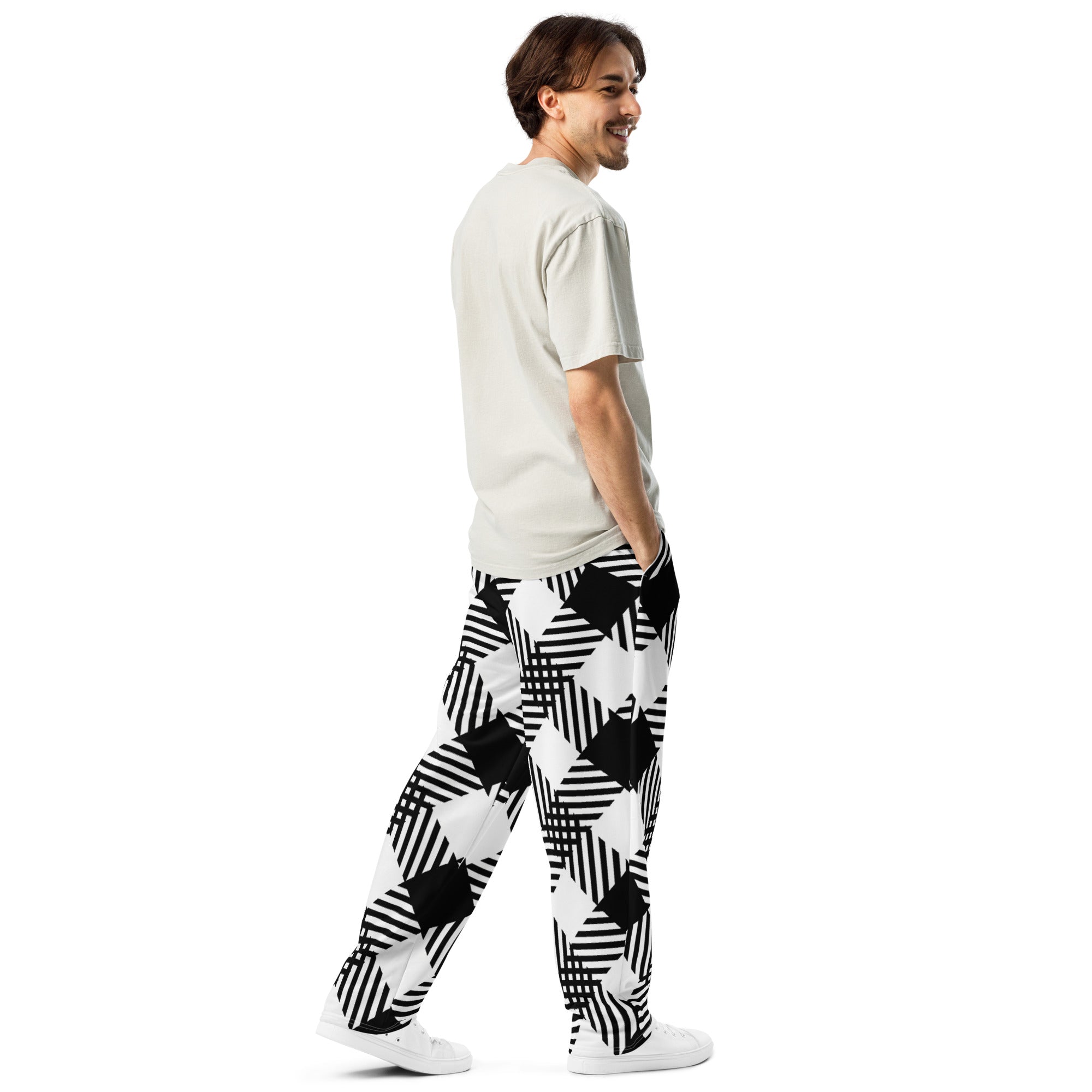 Mens Wide-leg Joggers, Black and White Plaid Print