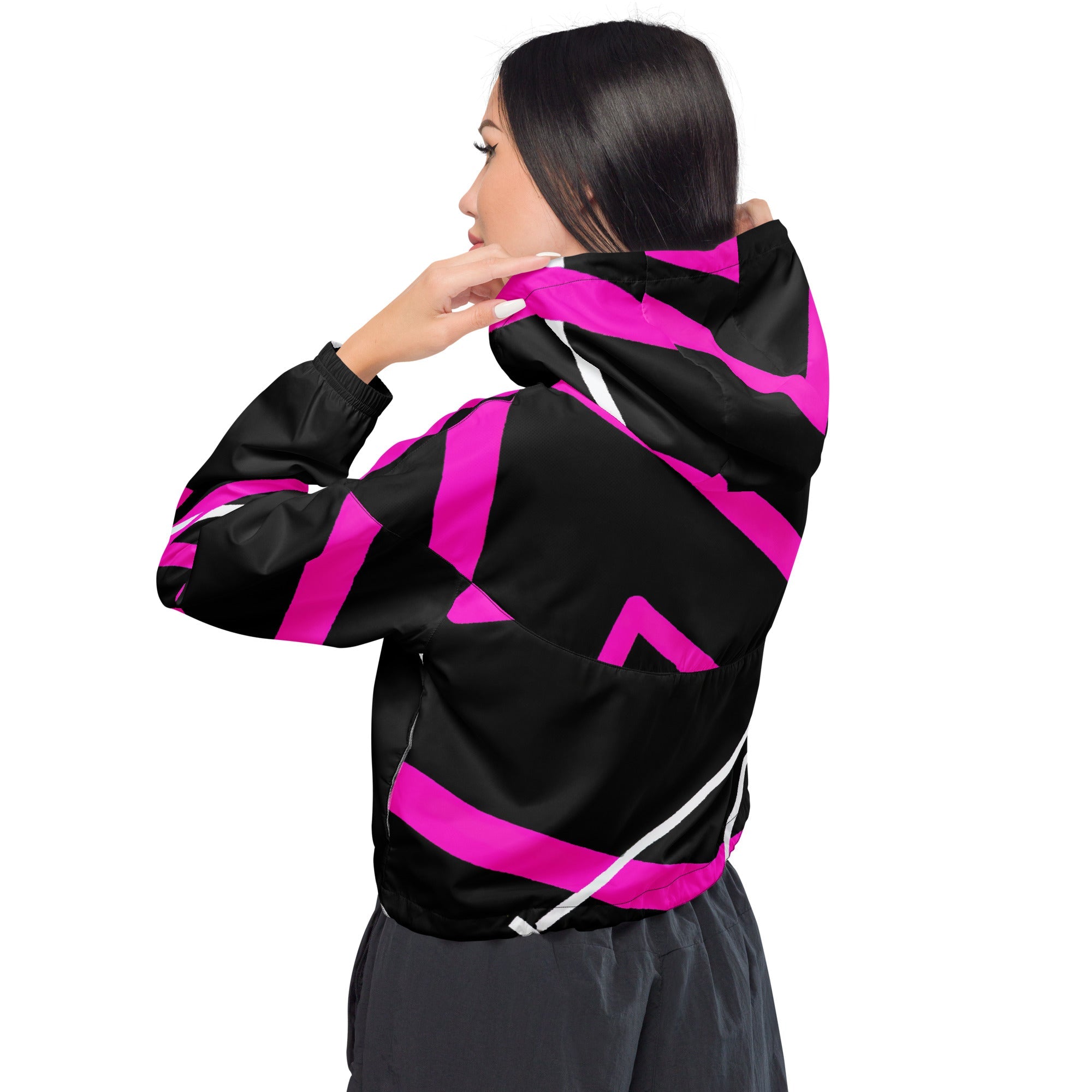 Womens Cropped Windbreaker Jacket, Black and Pink Pattern 2