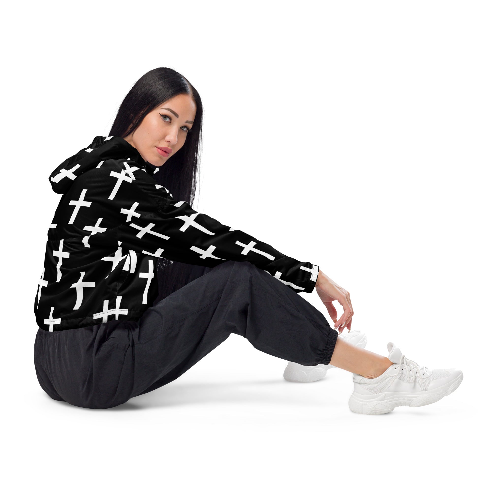 Womens Cropped Windbreaker Jacket, Black White Cross Print