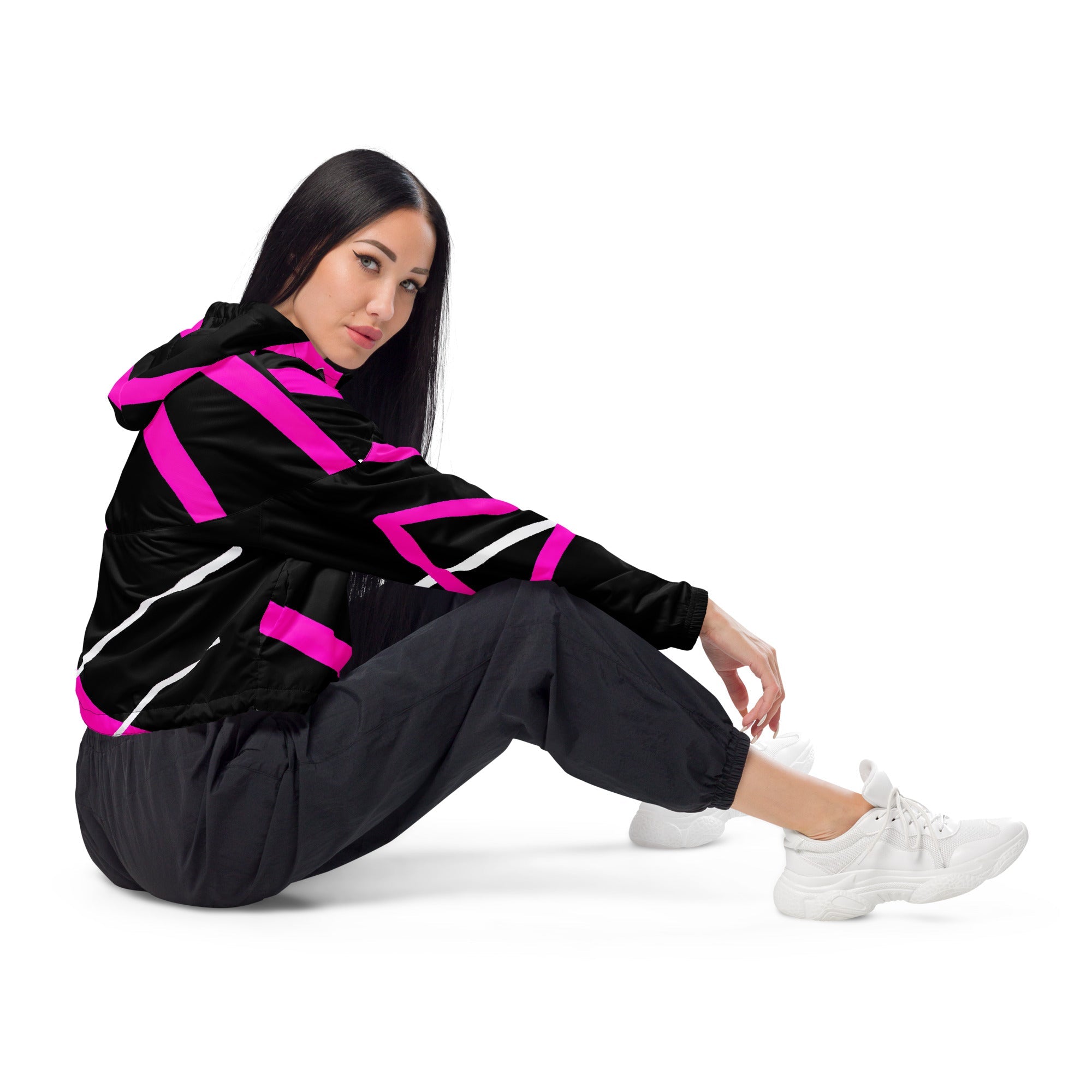 Womens Cropped Windbreaker Jacket, Black and Pink Pattern 2