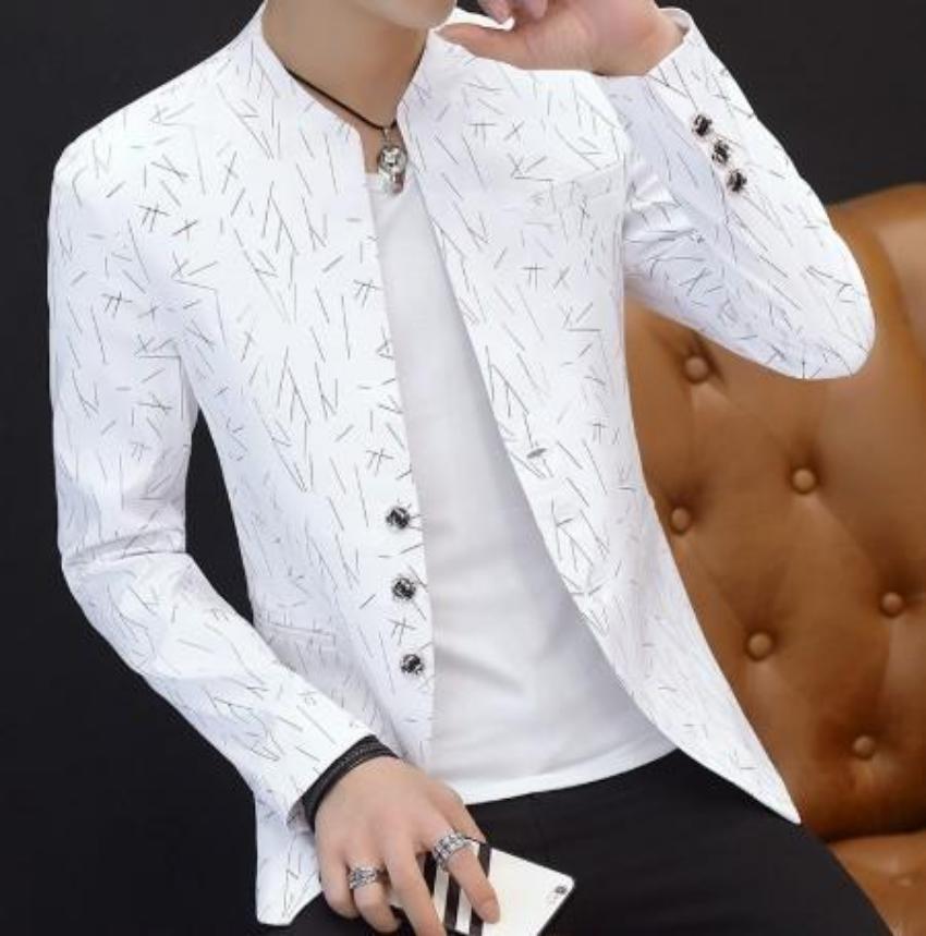 Mens Slim Round Stand Collar Pattern Blazer