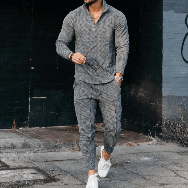 Men's Textured Casual Half Zipper Stand Collar Suits