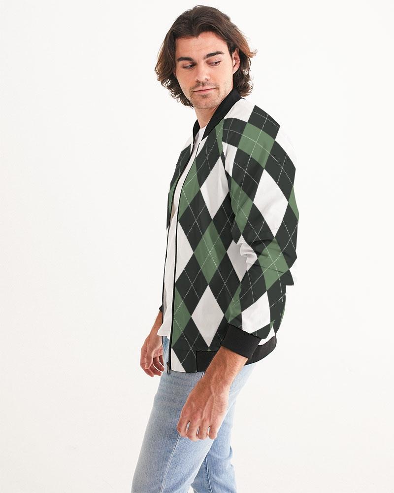 Bomber Jacket For Men, Green And White Tartan Plaid Pattern