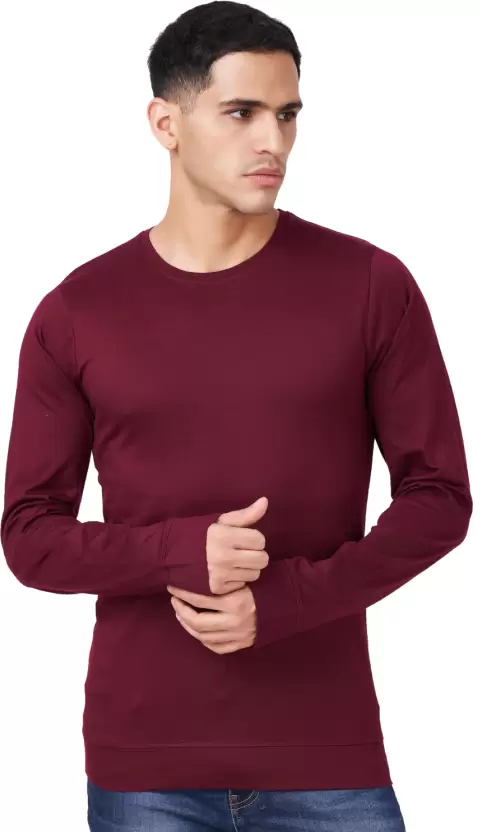 Men Solid Full Sleeves Round Neck Cotton Maroon T-Shirt (Size XL)