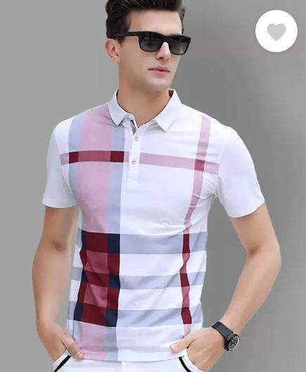 Men Striped Polo Neck Cotton Blend White, Maroon T-Shirt S