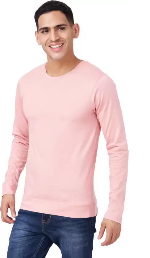 Men Solid Full Sleeves Round Neck Cotton Pink T-Shirt (Size L)