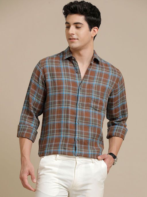 Men's Pure Linen Checked Regular Fit Shirt (Size-L)(Color-BROWN)