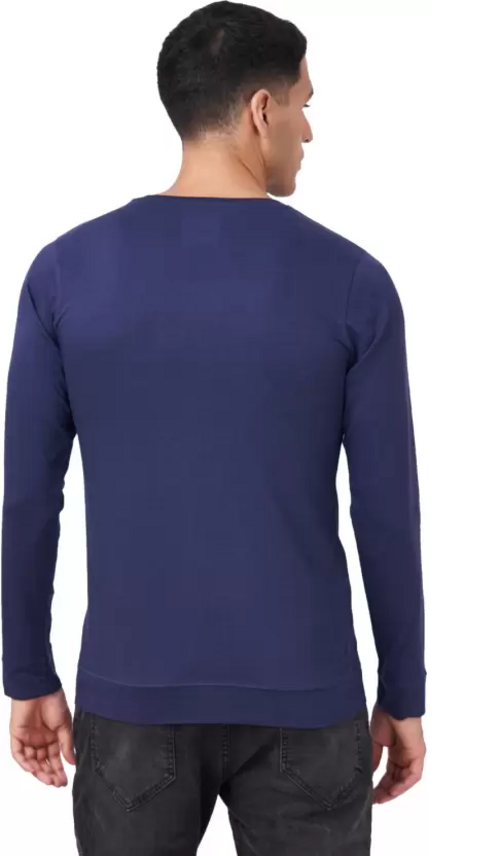 Men Solid Full Sleeves Round Neck Cotton Dark Blue T-Shirt (Size M)