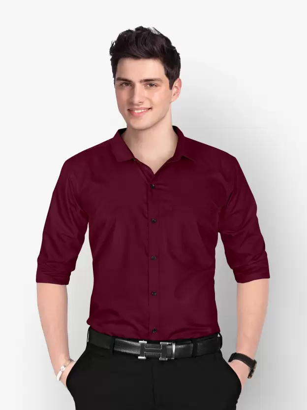 Men Regular Fit Washed Casual Shirt Maroon Size L