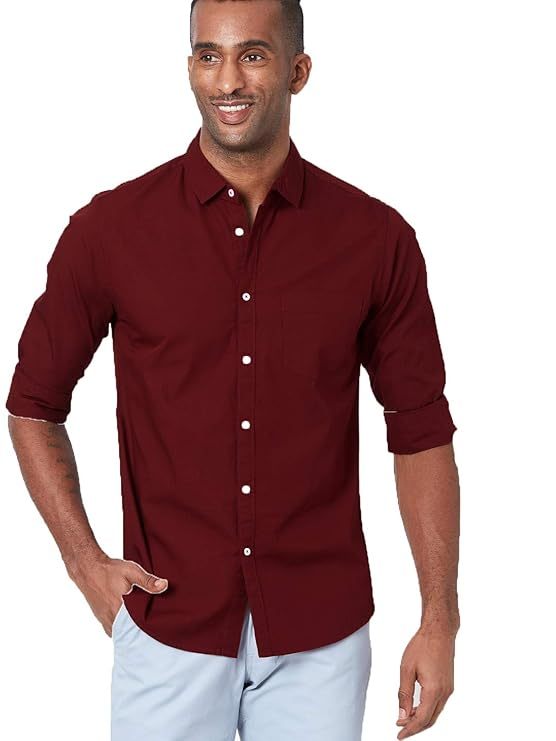 Men's Solid Slim Fit Cotton Casual Shirt RED 5XL