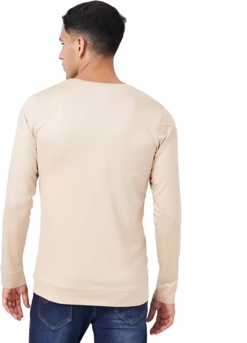 Men Solid Full Sleeves Round Neck Cotton Beige T-Shirt (Size M)