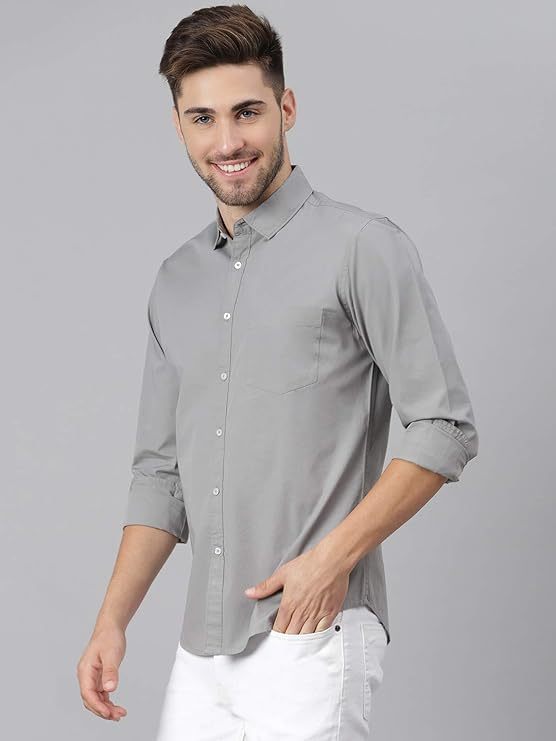 Men's Solid Slim Fit Cotton Casual Shirt GREY XL